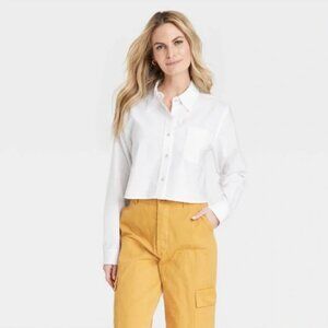 Universal Thread womens long sleeve button-down cropped shirt XXL white